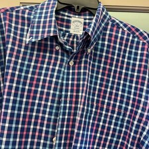 Brooks brother’s button down shirt in blues white and pink. Size lg but too big